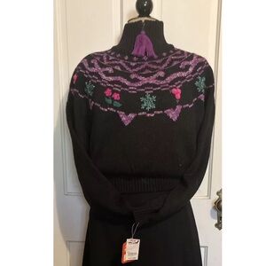 New Vintage 80s Obermeyer Embroidered Boho Fair Isle Folk Sweater Floral Black L